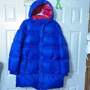 Tommy Hilfiger Puffer Coat Blue Red Hooded Winter warm down Jacket Men size L